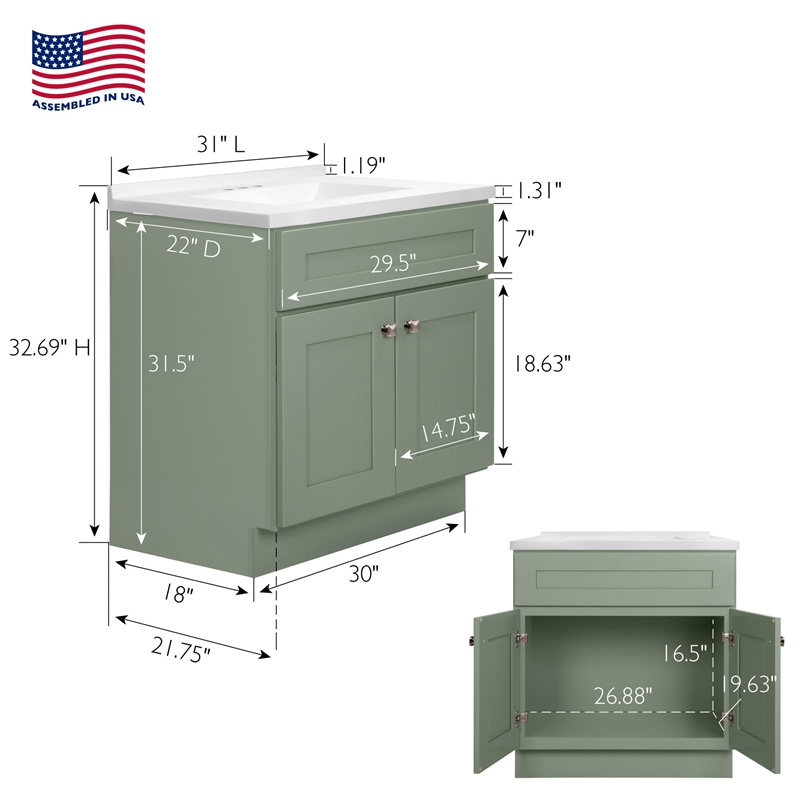 Brookings Bath Vanity Assembled 31x22 - Evergreen Fog Base and Camilla II Top