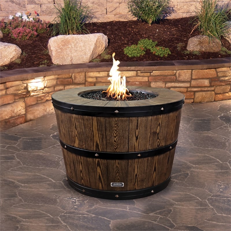 Sunbeam Wine Barrel Contemporary Composite Fire Pit in Brown Finish
