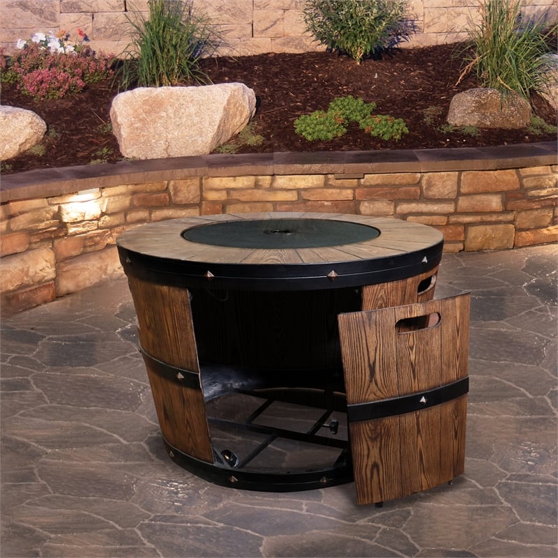 Sunbeam Wine Barrel Contemporary Composite Fire Pit in Brown Finish