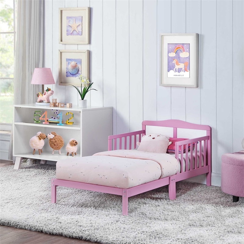 Olive & Opie Birdie Contemporary Wood Toddler Bed in Dark Pink and White