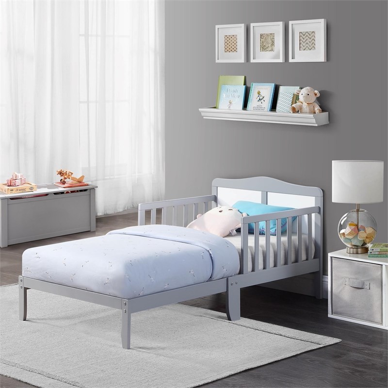 Olive & Opie Birdie Contemporary Wood Toddler Bed in Light Gray and White