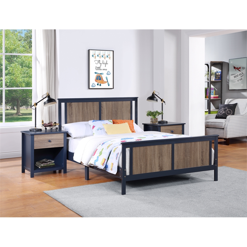 Olive & Opie Connelly Wood Reversible Panel Full Bed in Midnight Blue/Walnut