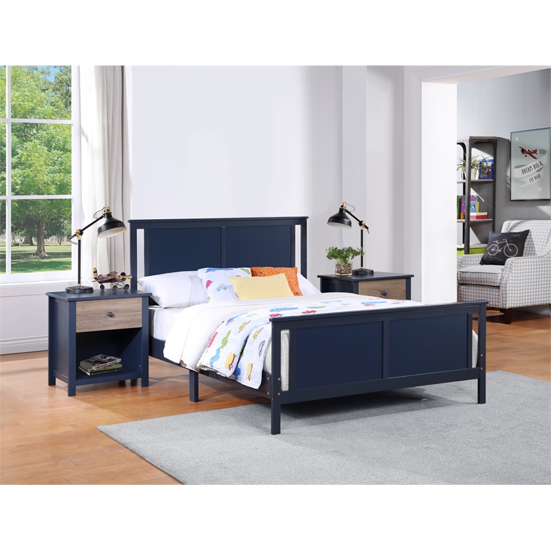 Olive & Opie Connelly Wood Reversible Panel Full Bed in Midnight Blue/Walnut