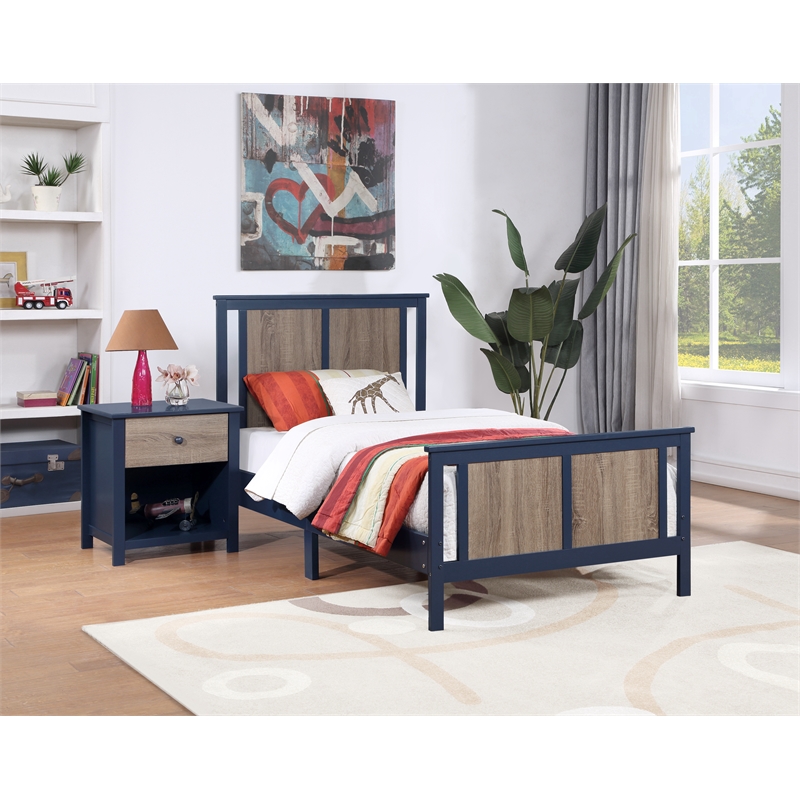 Olive & Opie Connelly Wood Reversible Panel Twin Bed in Midnight Blue/Walnut