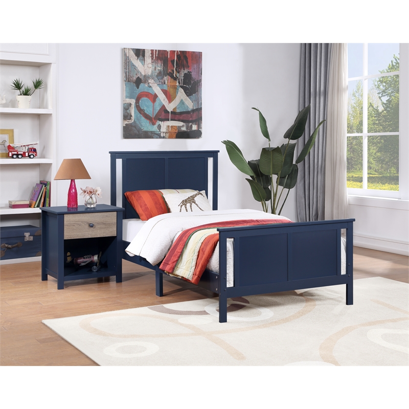 Olive & Opie Connelly Wood Reversible Panel Twin Bed in Midnight Blue/Walnut