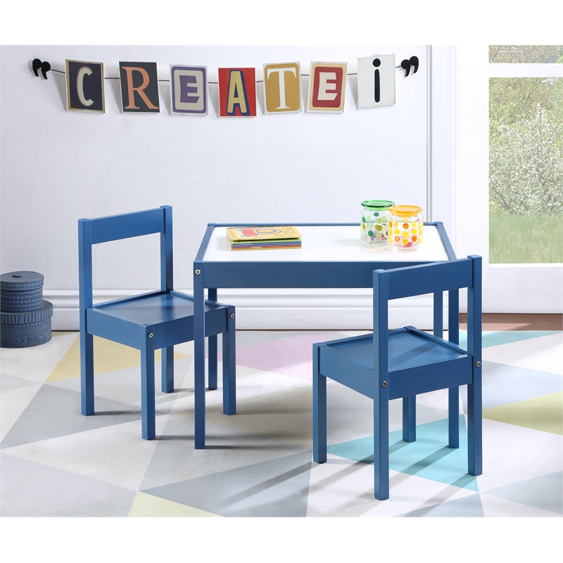 Olive & Opie Gibson 3-Piece Wood Dry Erase Kids Table & Chair Set in Dark Blue
