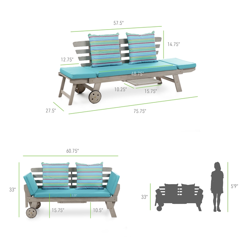Greemotion Maui Expandable Outdoor Patio Daybed in Gray Acacia Wood