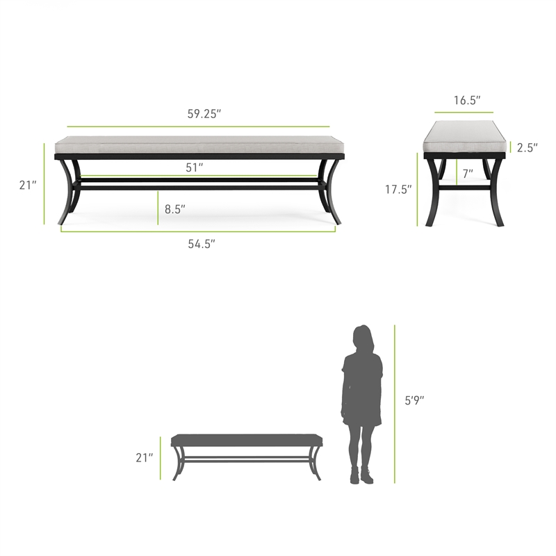 Greemotion Sintra 59-inch Black Outdoor Metal Bench with Gray Cushion