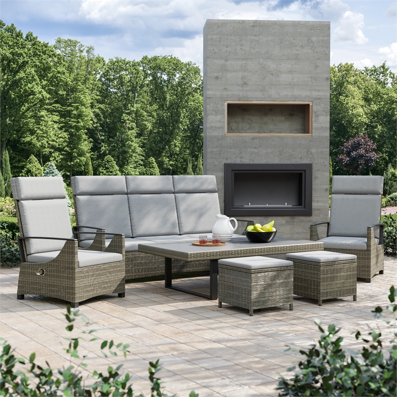 Greemotion Antigua Outdoor 6-Piece Wicker / Rattan Recliner Sofa Set in Gray