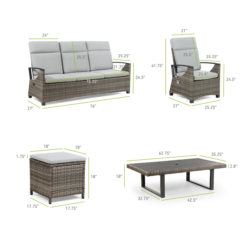 Greemotion Antigua Outdoor 6-Piece Wicker / Rattan Recliner Sofa Set in Gray
