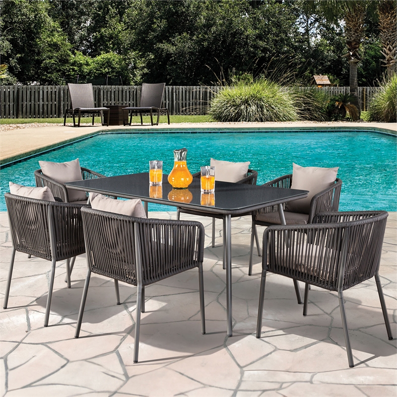 Zavian Metal 7-Piece Outdoor Dining Table Set in Light Gray