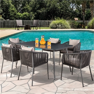 Zavian Metal 7-Piece Outdoor Dining Table Set in Light Gray