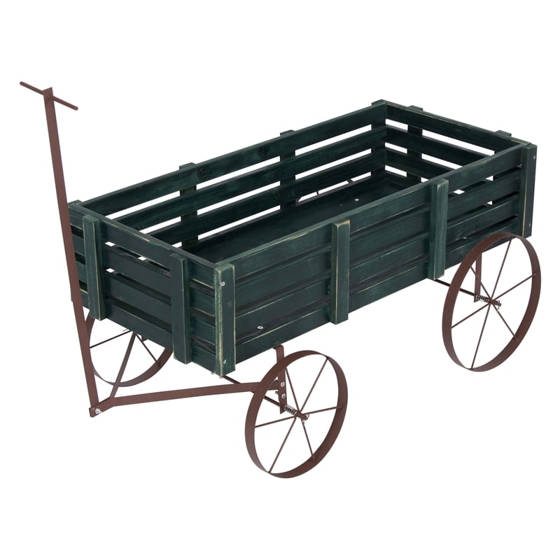 Shine Company Transitional Cedar Wood Decorative Wagon Garden Planter in Green