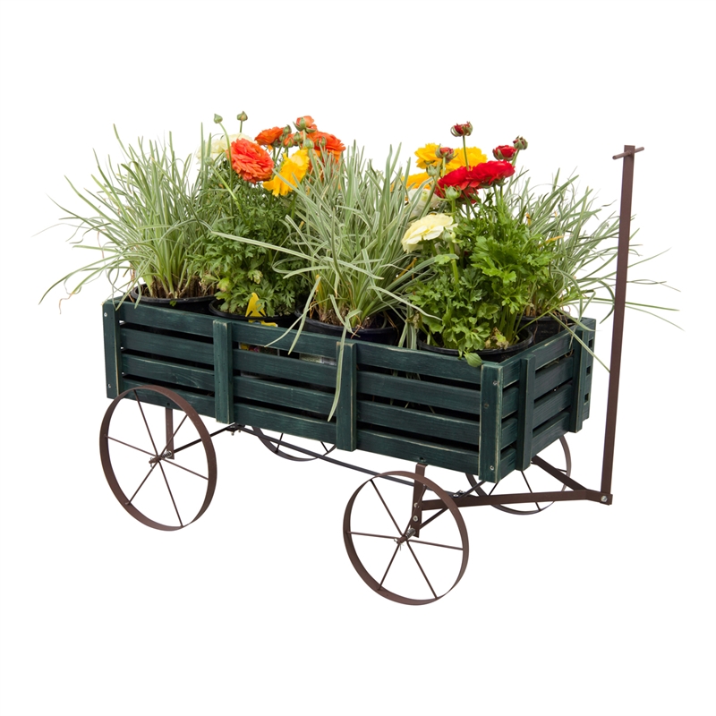 Shine Company Transitional Cedar Wood Decorative Wagon Garden Planter in Green