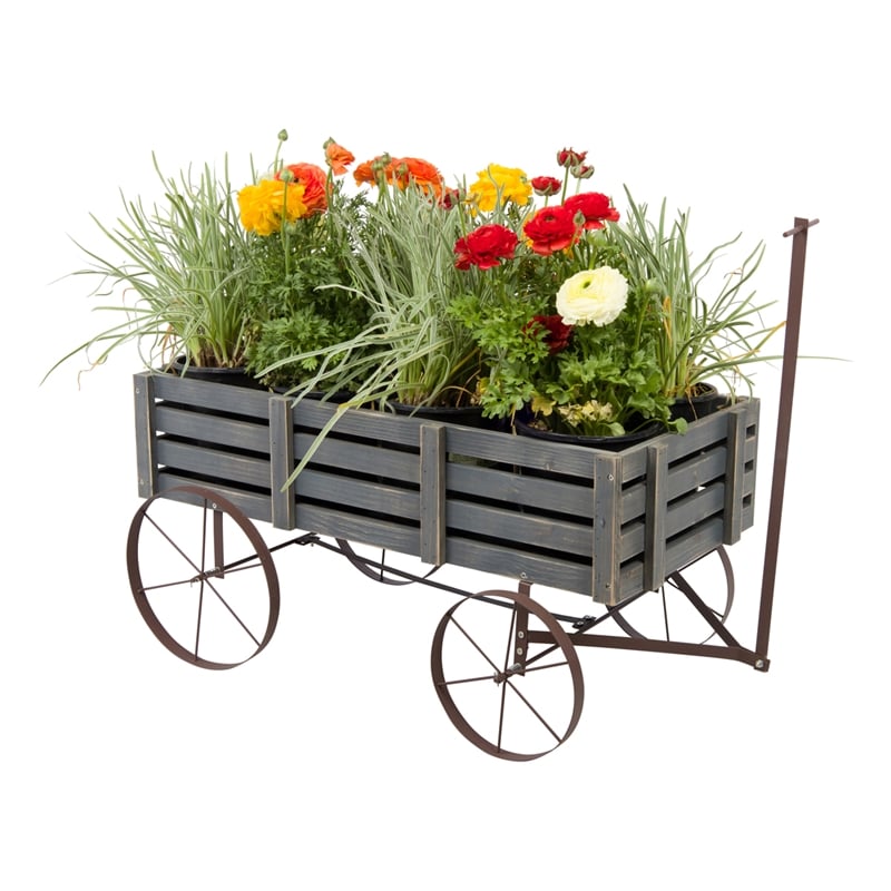 Shine Company Transitional Cedar Wood Decorative Wagon Garden Planter in Gray