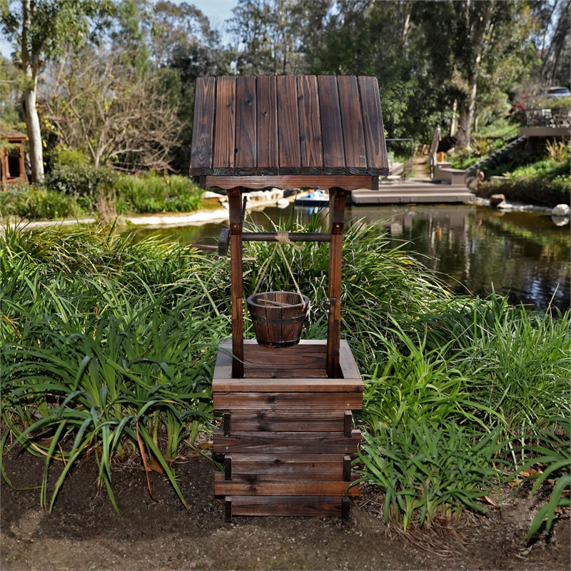 Shine Company Transitional Cedar Wood Decorative Wishing Well in Brown