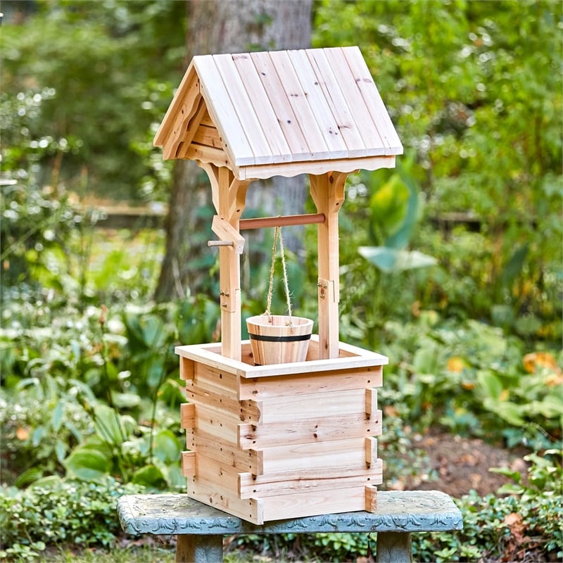 Shine Company Transitional Cedar Wood Decorative Wishing Well in Beige