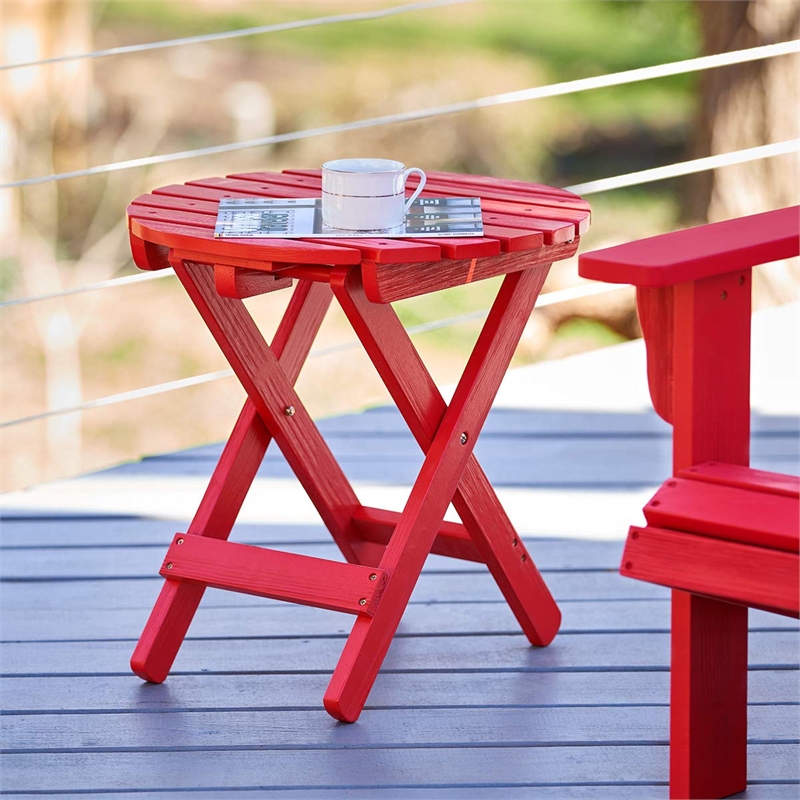 Shine Company Adirondack Round Cedar Wood Foldable Side Table in Red