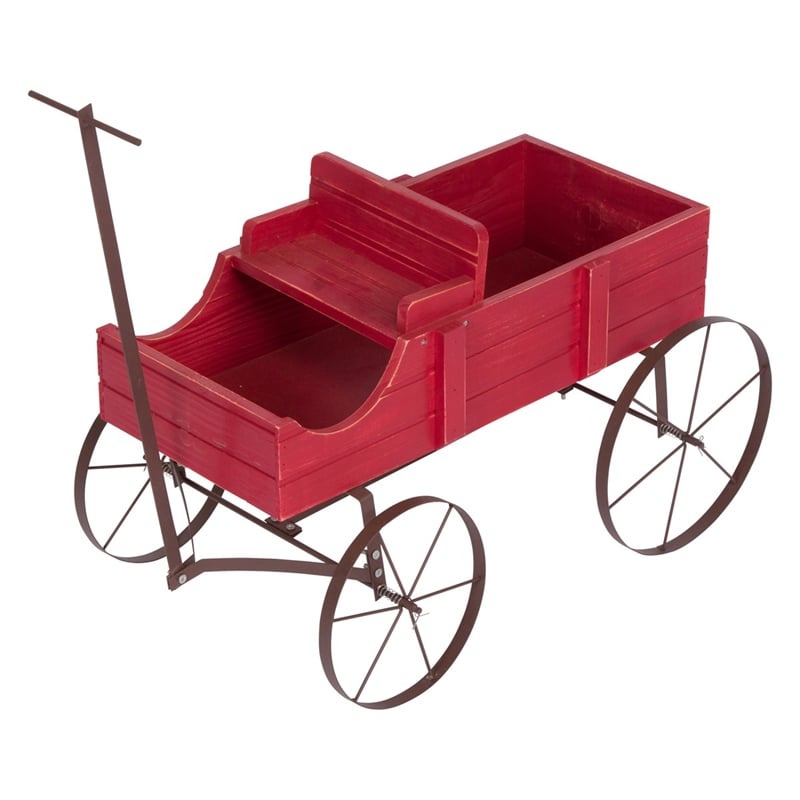 Shine Company Small Cedar Wood Decorative Buckboard Wagon Planter in Red