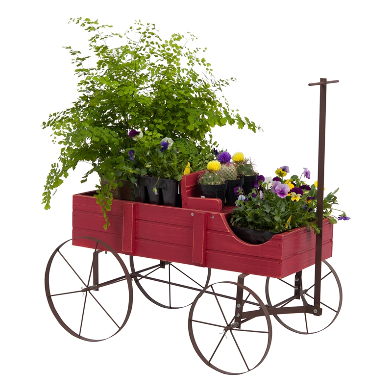 Shine Company Small Cedar Wood Decorative Buckboard Wagon Planter in Red