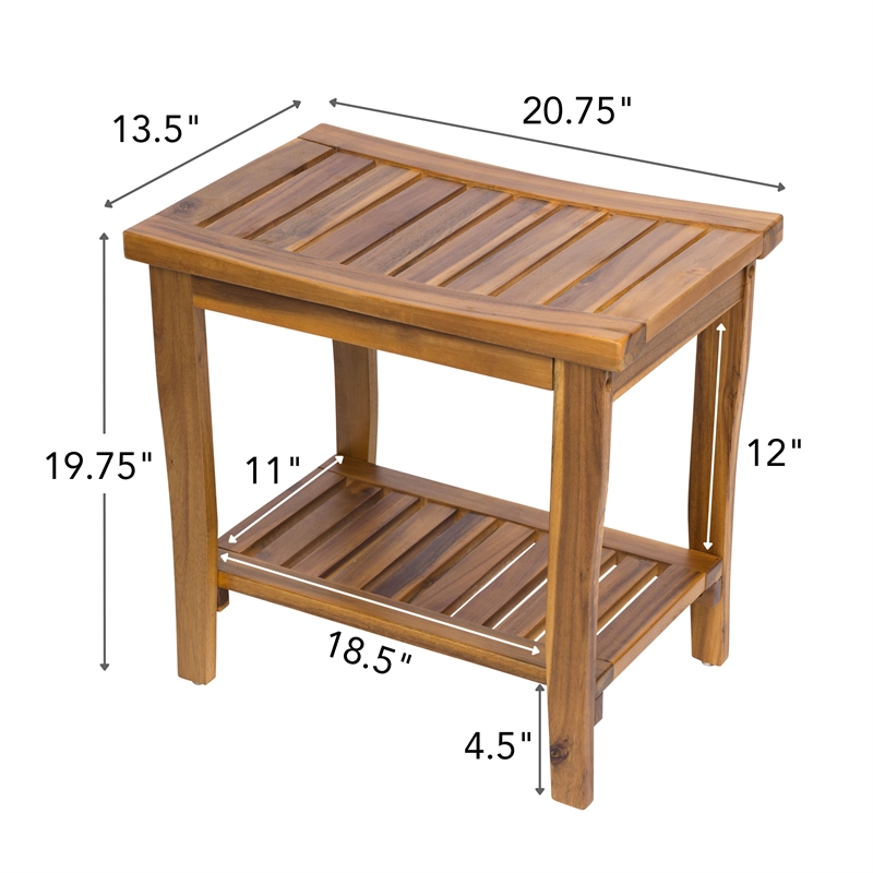 Acacia Wood 2-Tier Shower Bench Spa Stool with Storage and Non-Skid Feet Oak
