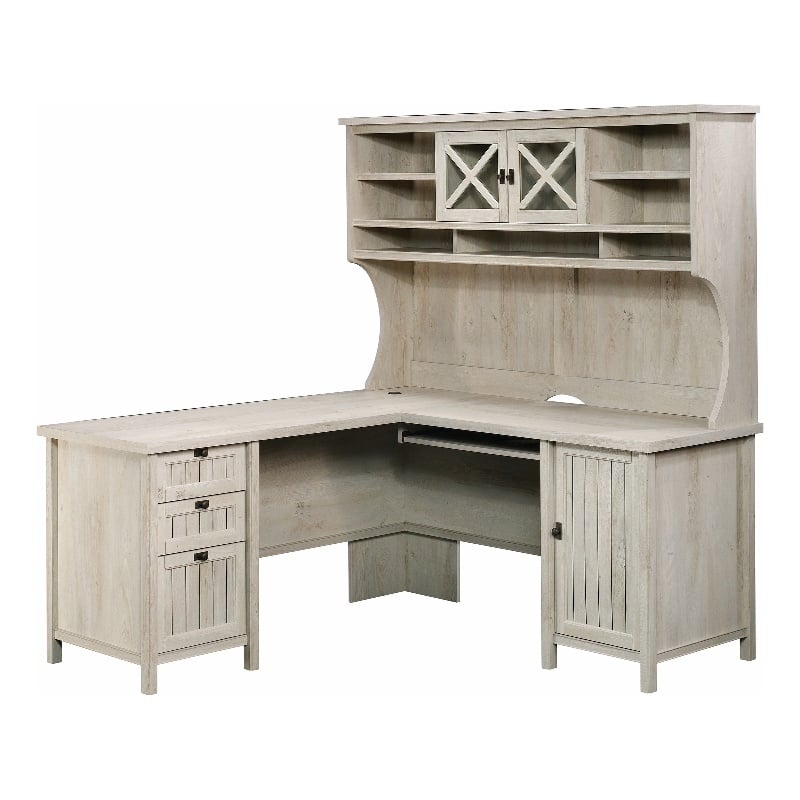 Sauder Costa L Shaped Computer Desk with Hutch in Chalked Chestnut