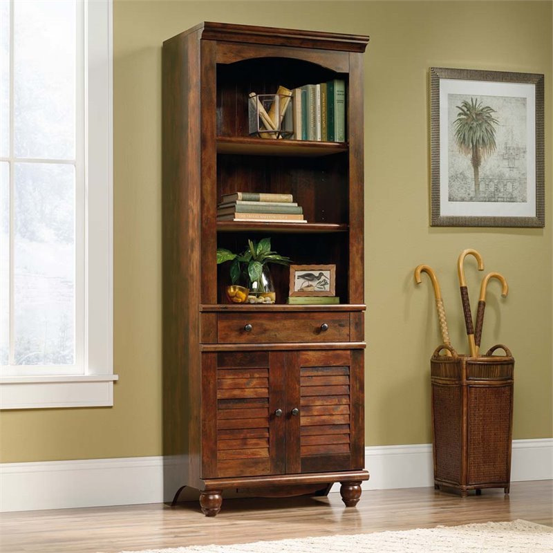 Shelf 2 Door Bookcase In Curado Cherry, Sauder Harbor View Library Bookcase With Doors Antiqued White Finish