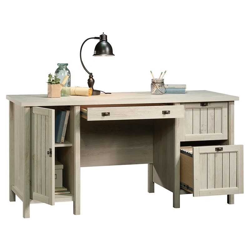 sauder costa l shaped computer desk in chalked chestnut