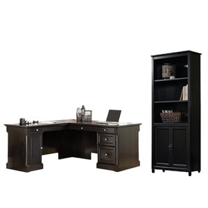 edge water 2 piece oak l shaped desk and black library bookcase