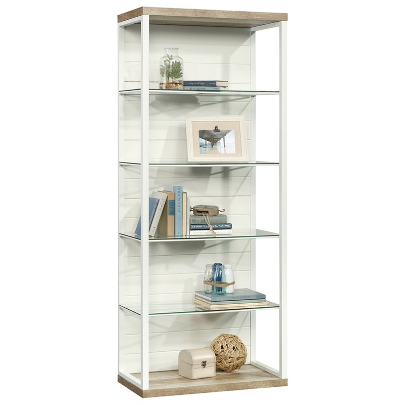 Sauder Cottage Road 5 Shelf Glass Bookcase in Soft White and Oak 422132