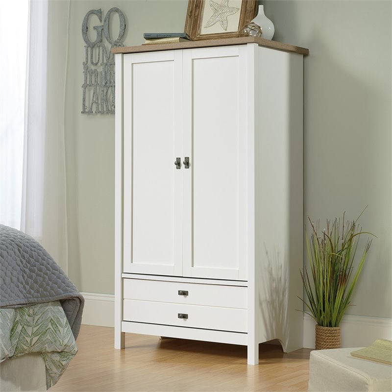 Sauder Cottage Road Armoire In Soft White And Lintel Oak 423397