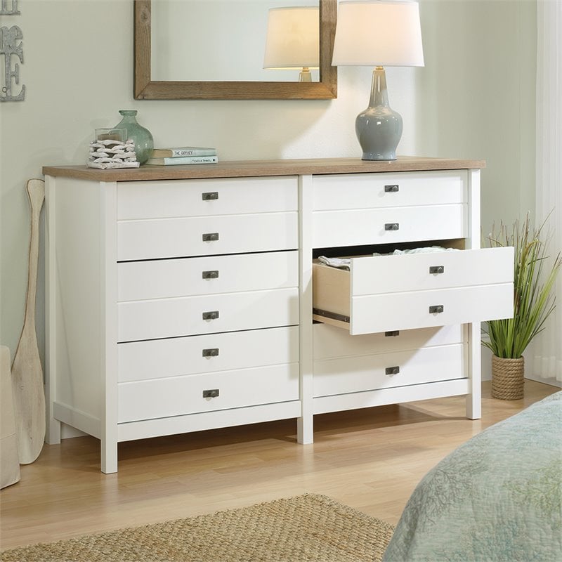 Sauder Cottage Road Engineered Wood 6 Drawer Dresser in Soft White Finish