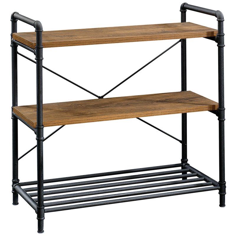 Please slim Pants Sauder Iron City Console Table in Checked Oak and Black |  BushFurnitureCollection.com
