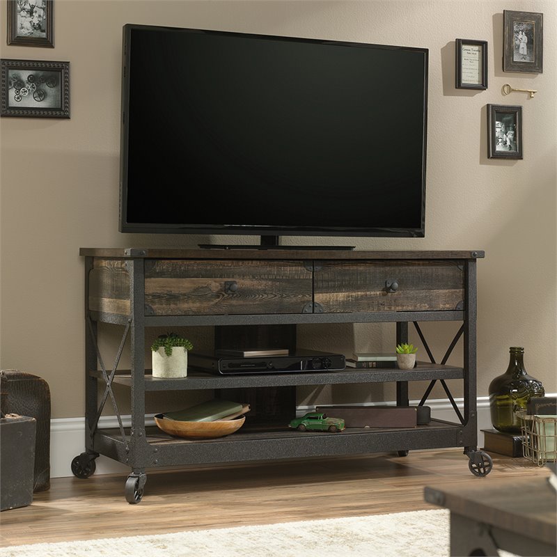 Sauder Steel River 49" Mobile TV Cart in Carbon Oak and 