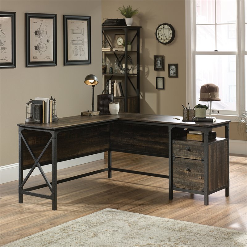 Sauder Steel River L Shaped Writing Desk in Carbon Oak and Black ...