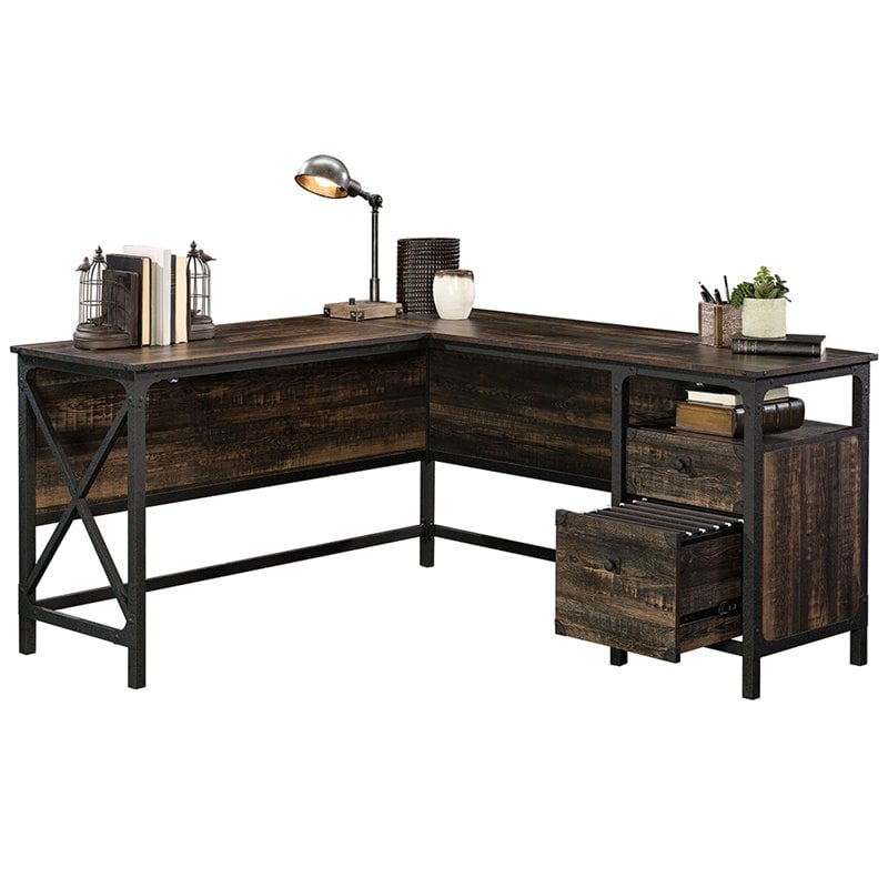 Sauder Steel River L Shaped Writing Desk In Carbon Oak And Black 423976