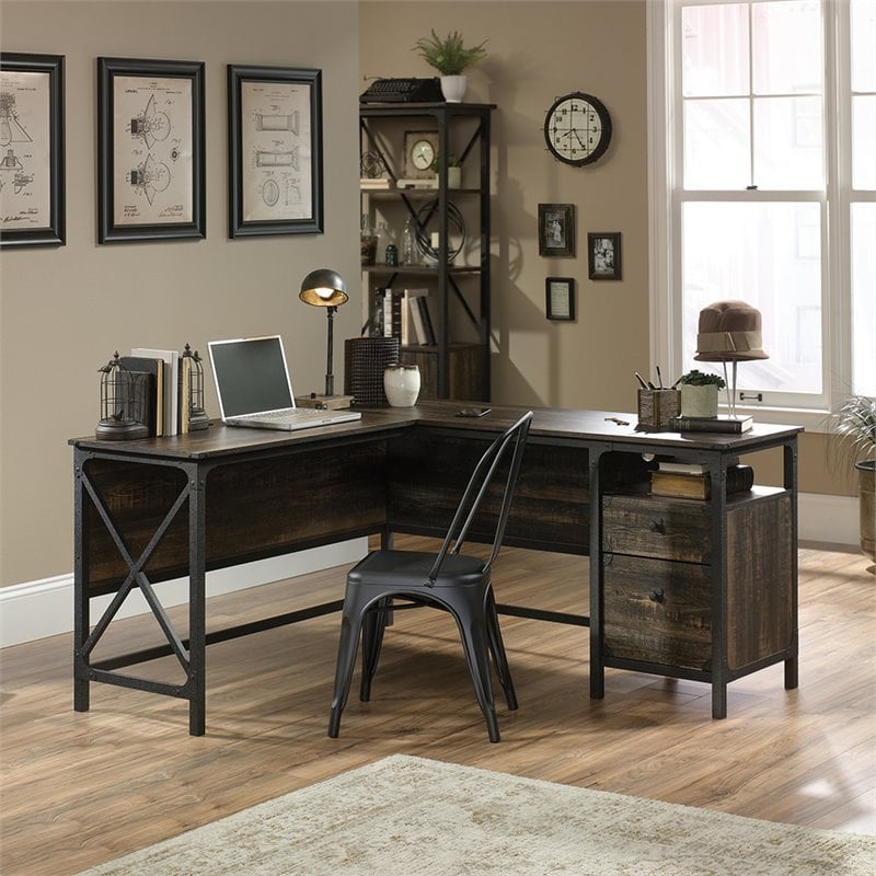 Sauder Steel River L Shaped Writing Desk In Carbon Oak And Black