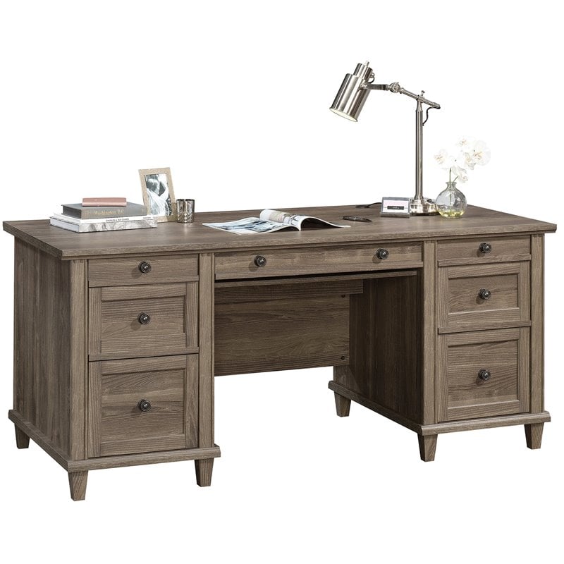 SAUDER Hammond Chalk Oak Engineered Wood 6Drawer Executive Desk With