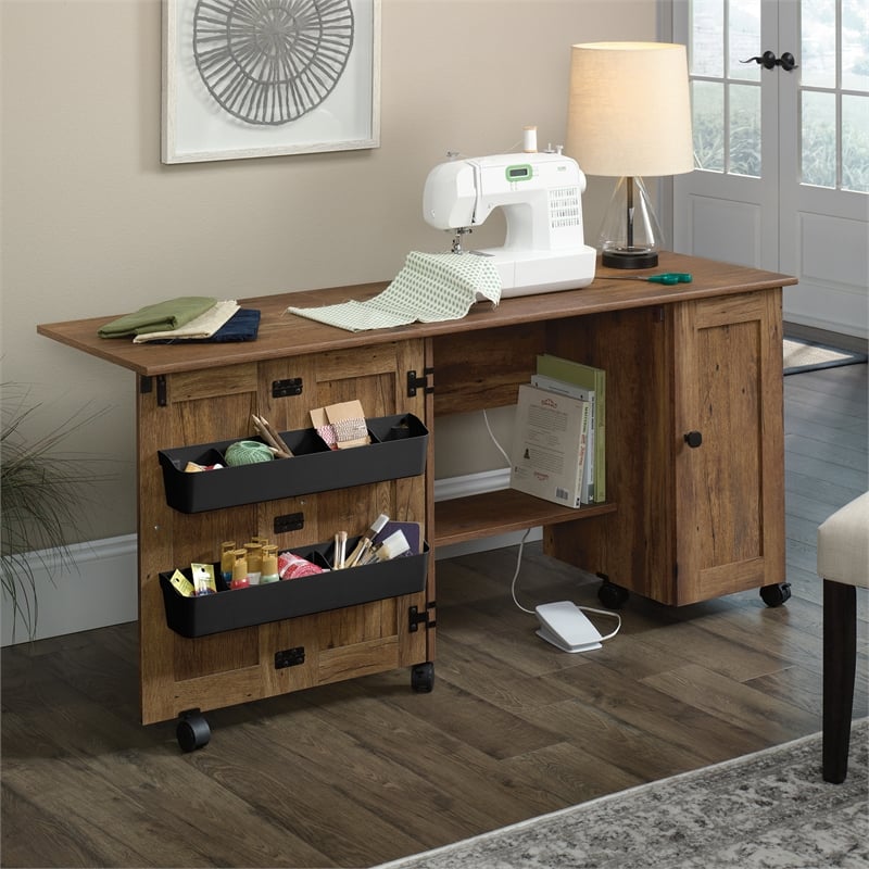 Sauder Engineered Wood Sewing Craft Cart in Vintage Oak Finish