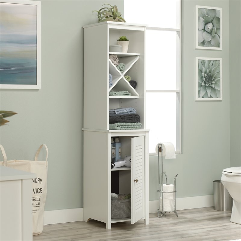 Sauder Storage Utility Peppercorn Wood Bathroom Linen Tower In Soft White Cymax Business - Sauder Peppercorn Wall Cabinet
