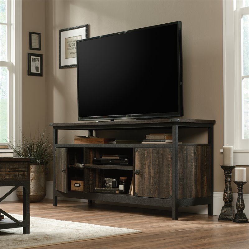 Sauder Steel River Engineered Wood TV Stand in Carbon Oak/Black