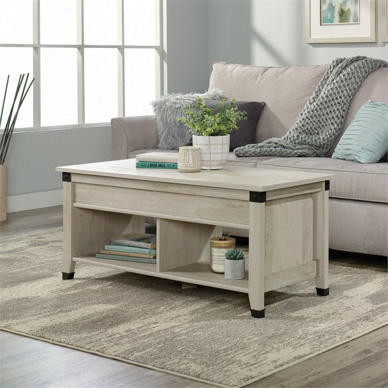 Sauder Carson Forge Lift-Top Wood and Metal Coffee Table in Chalked