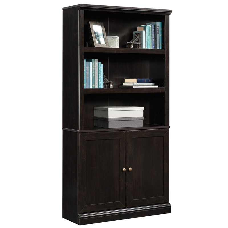 Sauder Misc Storage 3 Shelf 2 Door Tall, Black Bookcase With Cabinet Doors