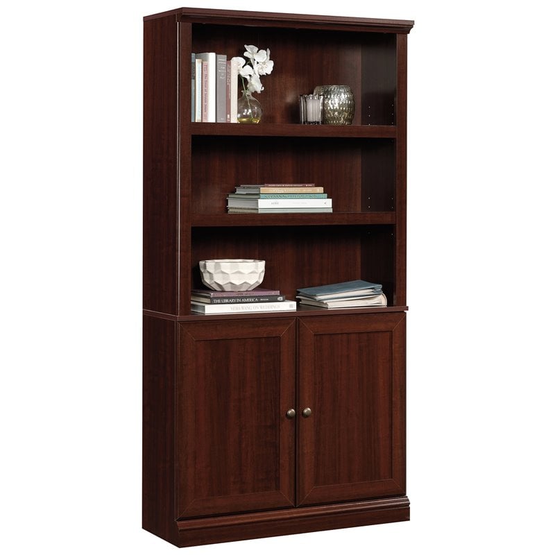 Sauder Misc Storage 3 Shelf 2 Door Tall, Cherry Wood Bookcase With Doors