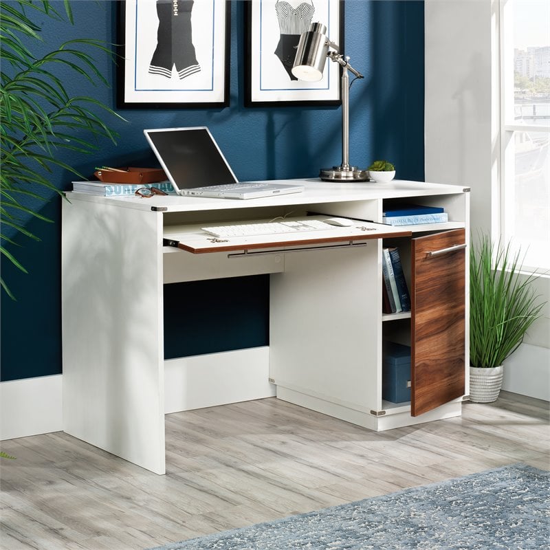Sauder Vista Key Engineered Wood Single Pedestal Computer Desk in Pearl Oak