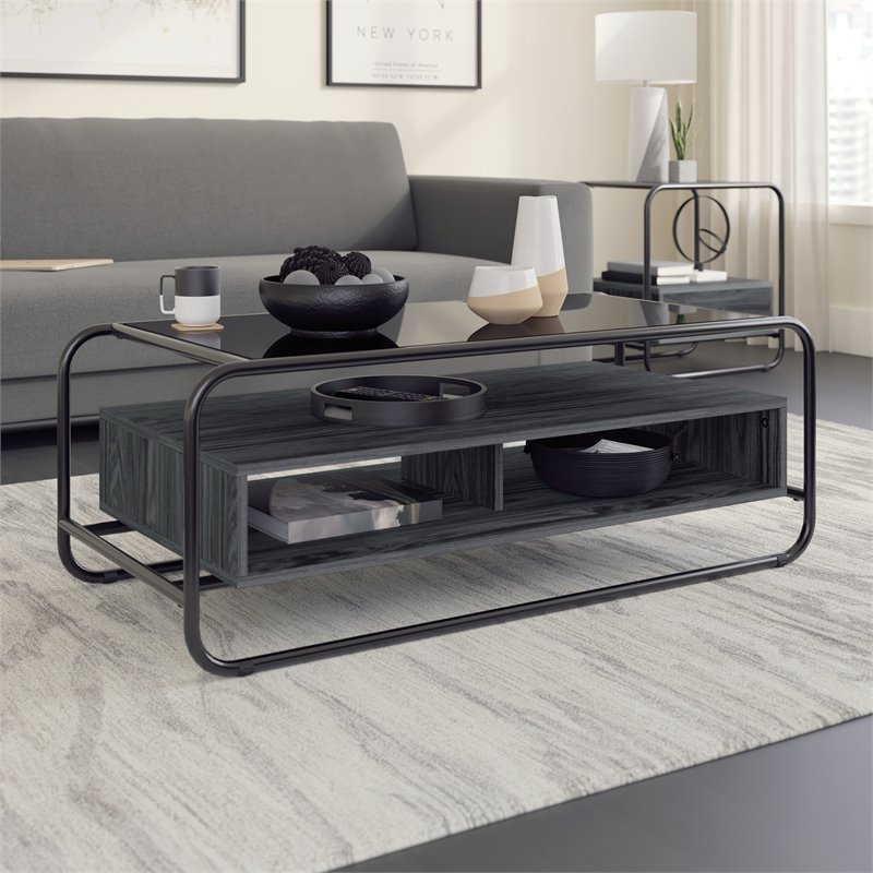 Sauder Metro Pike Industrial Glass Top Metal Coffee Table In Misted Elm 426456