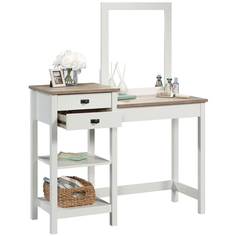 Sauder Cottage Road Engineered Wood Bedroom Vanity in Soft White and Lintel Oak