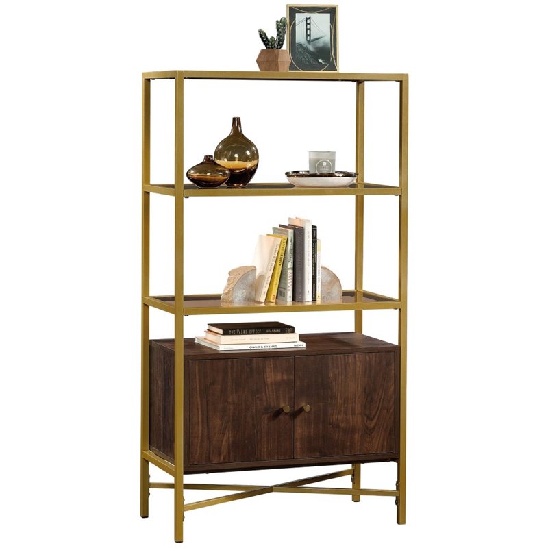 Sauder Harper Heights 3 Glass Shelf Bookcase in Rich Walnut and Gold