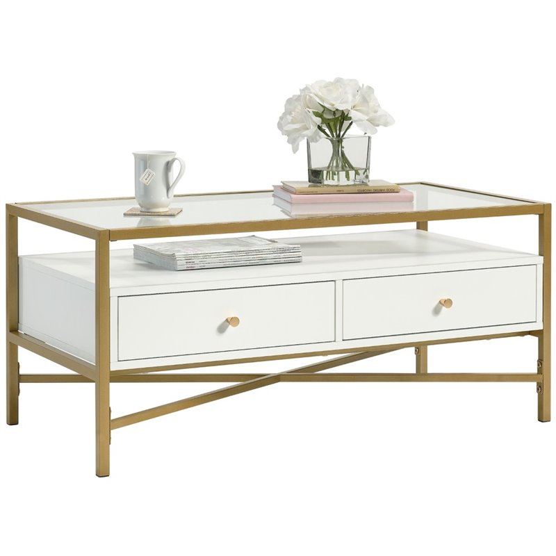 Sauder Harper Heights Glass Top Storage, White Coffee Table With Glass Top Storage