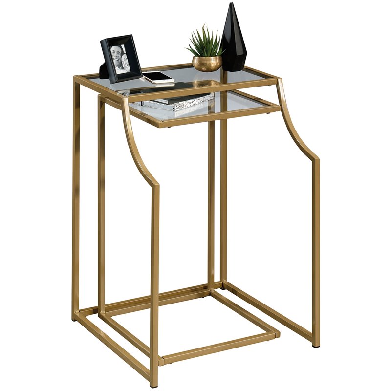 Sauder International Lux 2 Piece Glass Top Nesting End Table Set in Gold